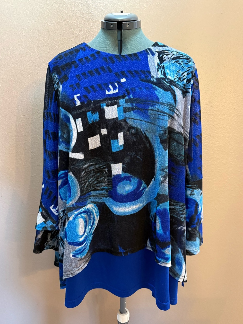 Calessa Plus Size Abstract Mesh Layered Asymmetric Tunic Blouse Blue Size 2X